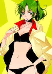 Rule 34 | 10s, 1girl, alternate costume, breasts, cleavage, green eyes, green hair, hand on own hip, matching hair/eyes, midorikawa nao, mouth hold, navel, ponytail, precure, short hair, small breasts, smile precure!, solo, tima, whistle