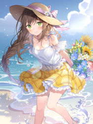 Rule 34 | 1girl, arms behind back, bare shoulders, blue flower, blue sky, blush, bouquet, bow, braid, breasts, brown hair, brown hat, camisole, cleavage, closed mouth, cloud, cloudy sky, collarbone, commentary request, day, flower, green eyes, hat, hat bow, hat flower, holding, holding bouquet, horizon, leaning forward, long hair, looking at viewer, medium breasts, ocean, original, outdoors, red flower, rie (reverie), single braid, skirt, sky, smile, solo, standing, standing on one leg, striped, striped bow, sunflower, very long hair, water, white camisole, white flower, white footwear, yellow flower, yellow skirt