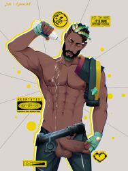 Rule 34 | 1boy, bara, bare pectorals, beard, black hair, bottle, closed eyes, dark-skinned male, dark skin, dreadlocks, earrings, english text, facial hair, facing viewer, feet out of frame, girthy penis, green hair, half-erect, highres, jewelry, k&#039;sante (league of legends), large pectorals, league of legends, male focus, mature male, muscular, muscular male, no male underwear, open pants, pants, pectorals, penis, pouring, pouring onto self, short hair, sir lawwclair, solo, standing, thick eyebrows, two-tone beard, very dark skin, water bottle, wet