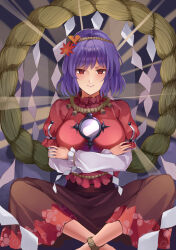Rule 34 | 1girl, absurdres, black skirt, breasts, hair ornament, highres, koizumo, large breasts, layered sleeves, leaf hair ornament, long sleeves, mirror, open mouth, purple hair, red eyes, red shirt, rope, shimenawa, shirt, short hair, short over long sleeves, short sleeves, skirt, smile, solo, touhou, yasaka kanako