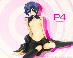 Rule 34 | 1girl, androgynous, atlus, bad id, bad pixiv id, blue eyes, blue hair, bra, breasts, female focus, flat chest, lingerie, maguchimo, nipples, persona, persona 4, reverse trap, shirogane naoto, short hair, socks, solo, underwear, undressing