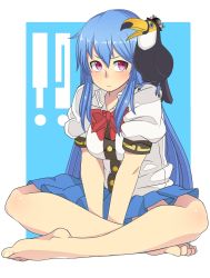 Rule 34 | 1girl, bad id, bad pixiv id, bare legs, barefoot, bird, blue hair, blush, food, fruit, hat, highres, hinanawi tenshi, indian style, long hair, michihasu, peach, pout, purple eyes, sitting, skirt, solo, toes, toucan, touhou