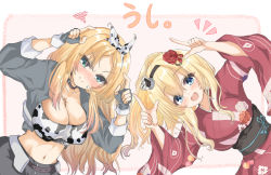Rule 34 | 2girls, animal print, bandeau, black hairband, blonde hair, blue eyes, braid, breasts, cleavage, commentary request, cow print, crown, floral print, french braid, fusion dance, grey skirt, hairband, horns pose, japanese clothes, kantai collection, kasashi (kasasi008), kimono, large breasts, long hair, looking at viewer, midriff, mini crown, miniskirt, multiple girls, navel, nelson (kancolle), official alternate costume, red kimono, skirt, warspite (kancolle), white hairband