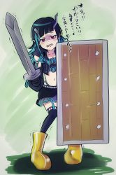 Rule 34 | 1girl, nanashi inc., absurdres, belt, belt bra, black gloves, black hair, black jacket, black skirt, black thighhighs, blue belt, blue hair, blue panties, blush, boots, chest belt, clothing cutout, commentary request, cropped jacket, demon girl, demon horns, fang, flat chest, full body, garter straps, gloom (expression), gloves, gold, grey skirt, highleg, highleg panties, highres, horns, jacket, layered skirt, long hair, long sleeves, looking at viewer, midriff, minecraft, minecraft sword, multicolored hair, navel, nervous, open clothes, open jacket, open mouth, panties, pointy ears, red eyes, rubber boots, shield, shishio chris, shoulder cutout, single thighhigh, skin fang, skirt, solo, sugar lyric, tengu nimuru, thighhighs, translation request, trembling, two-tone hair, underwear, virtual youtuber