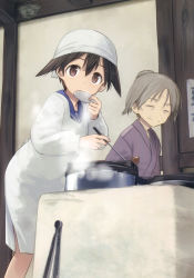 Rule 34 | 2girls, absurdres, apron, brown eyes, brown hair, cooking, grey hair, head scarf, highres, japanese clothes, kappougi, kitchen, ladle, miyafuji yoshika, multiple girls, non-web source, official art, plate, saucer, scan, shimada fumikane, short hair, strike witches, tasting plate, tenugui, world witches series