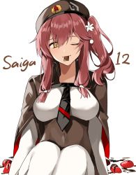 Rule 34 | 1girl, aogisa, bad id, bad twitter id, blush, breasts, candy, character name, chocolate, covered navel, flower, food, fruit, girls&#039; frontline, hair ornament, hat, highres, large breasts, long hair, long sleeves, mouth hold, necktie, one eye closed, red hair, saiga-12 (girls&#039; frontline), sidelocks, simple background, solo, strawberry, white background, white legwear, yellow eyes
