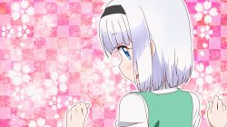 Rule 34 | 1girl, animated, animated gif, black ribbon, blue eyes, blunt bangs, collared shirt, evandragon, hair ribbon, konpaku youmu, long sleeves, looking at viewer, new game!, open mouth, parody, pointing, pointing at self, ribbon, shirt, short hair, silver hair, smile, solo, touhou, upper body, vest