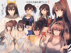 Rule 34 | 4girls, :o, adapted costume, akagi (kancolle), alternate costume, alternate hairstyle, arm behind back, ashiyu, black dress, black hair, black legwear, black sweater, blue background, blue skirt, blush, breasts, brown eyes, brown hair, brown sweater, cleavage, closed mouth, clothes writing, collarbone, cookie, covering privates, cowboy shot, cup, dress, flower, flying sweatdrops, food, fur-trimmed sleeves, fur trim, gloves, groin, hair between eyes, hair flower, hair intakes, hair ornament, heart, highres, holding, holding cup, holding food, jewelry, kaga (kancolle), kantai collection, kasumi (skchkko), large breasts, long hair, long sleeves, looking at viewer, milk, miniskirt, multiple girls, multiple views, nagato (kancolle), navel, necklace, nose blush, nude cover, onsen, open mouth, pants, pantyhose, parted lips, pink flower, pleated skirt, ponytail, race queen, red eyes, red skirt, ribbed sweater, shirt, short sleeves, side ponytail, simple background, sitting, skirt, sleeves past wrists, smile, soaking feet, steam, sweater, sweater dress, thighhighs, towel, translated, upper body, very long hair, white gloves, white pants, white shirt, yamato (kancolle)