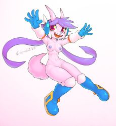 Rule 34 | 1girl, absurdres, armpits, arms up, artist name, blue footwear, blue gloves, blush, boots, breasts, crombie, dated, dragon girl, dragon horns, freedom planet, freedom planet 2, full body, furry, furry female, galaxytrail, gloves, headgear, heart, highres, horns, jumping, knees together feet apart, long hair, looking to the side, medium breasts, navel, nipples, nude, open mouth, partially visible vulva, pink eyes, purple hair, pussy, pussy peek, sash lilac, signature, simple background, smile, solo, tail, teeth, text focus, twintails, uncensored, white background