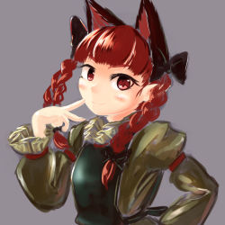 Rule 34 | 1girl, animal ears, blush, bow, braid, cat ears, dress, extra ears, hair bow, kaenbyou rin, kys (k-k2), long hair, long sleeves, looking at viewer, puffy sleeves, red eyes, red hair, smile, solo, touhou, twin braids, twintails, upper body