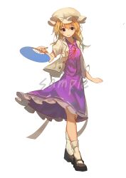 1girl absurdres blonde_hair closed_mouth collared_shirt commentary_request frilled_skirt frills full_body hand_fan hat highres holding holding_fan jacket kinoko_(kino2435006) looking_at_viewer maribel_hearn mary_janes mob_cap open_clothes open_jacket purple_shirt purple_skirt red_eyes ribbon-trimmed_skirt ribbon_trim sample_watermark shirt shoes short_sleeves simple_background skirt smile socks solo touhou watermark white_background white_jacket white_socks