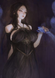 Rule 34 | 1girl, bare shoulders, black dress, black hair, blue eyes, breasts, cowboy shot, dress, ghost, highres, large breasts, lips, long hair, multiple others, nat the lich, original, pandora acherona (nat the lich), parted lips, solo focus