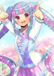 Rule 34 | 1girl, :d, arms up, bang dream!, blue hair, blurry, blurry background, blush, bracelet, breasts, clothes writing, commentary request, commission, depth of field, frilled skirt, frills, jacket, jewelry, kou hiyoyo, long hair, long sleeves, looking at viewer, medium breasts, multicolored hair, nyubara reona, open clothes, open jacket, open mouth, pink hair, pink skirt, pointing, purple shirt, red eyes, shirt, sidelocks, skeb commission, skirt, smile, solo, teeth, twintails, two-tone hair, upper teeth only, very long hair, white jacket