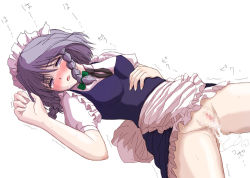 Rule 34 | 1girl, aftersex, breasts, censored, cum, cum pool, cumdrip, empty eyes, female focus, finished, izayoi sakuya, lying, maid, no panties, orgasm, pussy, rp (necho), solo, spread legs, touhou, white background
