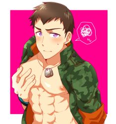 Rule 34 | 10s, 1boy, abs, bad id, bad pixiv id, brown hair, camouflage, dog tags, grabbing, idolmaster, idolmaster side-m, inverted nipples, jacket, koma saburou, looking at viewer, male focus, muscular, navel, nipples, open clothes, open jacket, pectoral grab, pectorals, pink background, purple eyes, grabbing own breast, shingen seiji, simple background, solo, speech bubble, spoken squiggle, squiggle, topless male, upper body