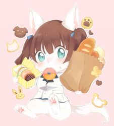 Rule 34 | 1girl, animal ears, aqua eyes, bag, brown hair, cat, cookie, doughnut, eating, food, furry, furry female, holding, holding bag, holding food, looking at viewer, mouth hold, nako 551, solo, tail, twintails