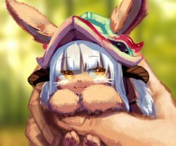 Rule 34 | 1other, :3, animal ears, blunt bangs, blurry, blurry background, c2h4 (1849155751), chinese commentary, closed mouth, commentary request, ears through headwear, furry, helmet, holding person, horns, long hair, looking at viewer, made in abyss, nanachi (made in abyss), smile, solo, whiskers, white hair, yellow eyes