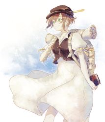 Rule 34 | 1girl, book, brown hair, chizu (fiute), dress, feathers, green eyes, hat, jewelry, long hair, octopath traveler, octopath traveler i, short hair, simple background, smile, solo, tressa (octopath traveler), white background