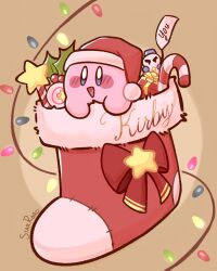 Rule 34 | absurdres, box, candy, candy cane, character name, chilly (kirby), christmas, christmas lights, christmas stocking, colored skin, food, gift, gift box, hat, highres, invincible candy, kirby, kirby (series), nintendo, no humans, pink skin, santa hat, signature, smile, solid oval eyes, star (symbol), star rod, starroad