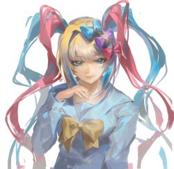 1girl blonde_hair blue_bow blue_eyes blue_hair blue_shirt bow cal_119 chouzetsusaikawa_tenshi-chan commentary hair_bow heart highres long_hair long_sleeves looking_at_viewer multicolored_hair multiple_hair_bows needy_girl_overdose pink_bow pink_hair purple_bow quad_tails shirt simple_background smile solo symbol-only_commentary upper_body white_background yellow_bow