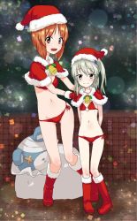 Rule 34 | 10s, 2girls, arms behind back, bag, bandages, bell, bikini, blush, boko (girls und panzer), boots, brown eyes, brown hair, capelet, christmas, full body, girls und panzer, gloves, hands on another&#039;s shoulders, hat, long hair, looking at viewer, monolith, multiple girls, night, night sky, nishizumi miho, open mouth, oversized object, red bikini, red footwear, red gloves, santa costume, santa hat, shimada arisu, short hair, side-by-side, side-tie bikini bottom, side ponytail, sky, smile, snow, standing, stuffed animal, stuffed toy, swimsuit, teddy bear