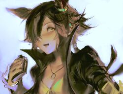 Rule 34 | 1girl, animal ears, black jacket, breasts, brown eyes, cleavage, commentary request, ear ornament, flask, hair ornament, hair over one eye, highres, holding, holding flask, horse ears, jacket, long hair, long sleeves, lulu (lululike123), multicolored hair, open clothes, open jacket, open mouth, shirt, simple background, small breasts, smile, solo, stopwatch, stopwatch around neck, streaked hair, umamusume, upper body, vodka (umamusume), watch, white background, white hair, yellow shirt