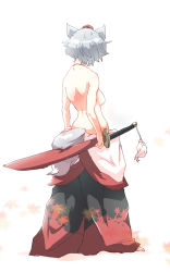 Rule 34 | 1girl, animal ears, back, bad id, bad pixiv id, breasts, from behind, full body, hat, highres, inubashiri momiji, leaf, leaf print, medium breasts, non (z-art), scabbard, sheath, sheathed, short hair, silver hair, simple background, skirt, solo, standing, sword, tail, tokin hat, topless, touhou, weapon, white background, wolf ears, wolf tail