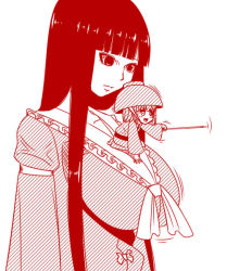 Rule 34 | 2girls, alternate breast size, black hair, blush, bow, bowl, bowl hat, breasts, closed mouth, collar, collarbone, commentary, frilled collar, frills, gingham (amalgam), hat, hime cut, houraisan kaguya, japanese clothes, kimono, kneeling, large breasts, long hair, long sleeves, mini person, minigirl, multiple girls, needle, open mouth, pointing, simple background, sukuna shinmyoumaru, touhou, white background