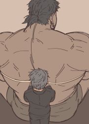 Rule 34 | 2boys, back, bara, black hair, boxers, dobito mn, facial hair, formal, giant, giant male, grey hair, highres, male focus, male underwear, manly, measuring, multiple boys, muscular, orc, original, short hair, size difference, sketch, stubble, suit, tape measure, underwear, underwear only