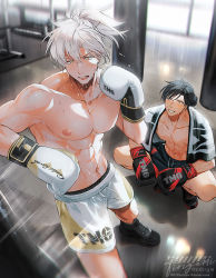 Rule 34 | 2boys, artist name, bara, black footwear, black hair, black shorts, boxing gloves, boxing shorts, grin, gym, indoors, large pectorals, long hair, looking at another, male focus, motion lines, multiple boys, muscular, muscular male, nipples, original, pectorals, ponytail, punching bag, shoes, shorts, smile, sneakers, squatting, sweat, topless male, towel, towel around neck, trgm, white hair, white shorts, yellow eyes