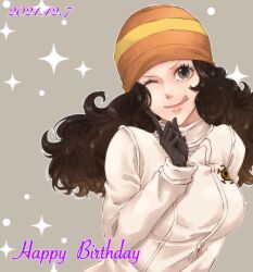 Rule 34 | 1girl, ;p, brown hair, commentary request, dated, gloves, happy birthday, hat, highres, ikkaku (one piece), index finger raised, jumpsuit, long hair, long sleeves, looking at viewer, one eye closed, one piece, orange hat, smile, solo, sparkle, tongue, tongue out, upper body, white jumpsuit, yorozu rkgk m