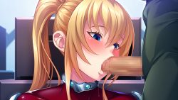 Rule 34 | 1girl, blonde hair, blue eyes, blush, bodysuit, censored, chin, embarrassed, fellatio, game cg, huracan, indoors, kyonyuu onna shikan sennou saimin, lisa lindy, long hair, looking at another, lune (company), mosaic censoring, nose, nose blush, oral, original, out of frame, penis, saliva, standing, twintails, upper body