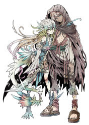 Rule 34 | 1boy, 1girl, abs, aqua hair, blonde hair, brown hair, claws, dark skin, detached sleeves, expressionless, flat chest, full body, green eyes, highres, holding, holding sword, holding weapon, hood, leaning on person, long hair, monster girl, multicolored hair, original, pink eyes, sandals, scales, sword, tail, torn clothes, towa-darkmistic, weapon
