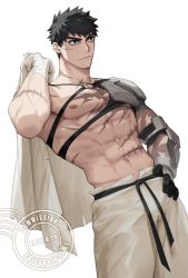 Rule 34 | 00047, 1boy, abs, alchemy stars, bara, belt, black gloves, black hair, commentary, facial scar, gloves, highres, large pectorals, male focus, mature male, muscular, muscular male, pants, pectorals, pittman (alchemy stars), scar, scar on cheek, scar on face, short hair, solo, white pants