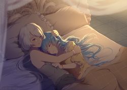 Rule 34 | 2girls, bare arms, bare shoulders, bed, bedroom, black shorts, blanket, blue hair, blush, bracelet, brown eyes, canopy bed, closed eyes, comforting, drill hair, frilled pillow, frilled shirt collar, frilled sleeves, frills, gem, hair tie, hand on another&#039;s arm, hand on another&#039;s head, hug, indoors, jewelry, long sleeves, low ponytail, lying, multiple girls, nightgown, on bed, on side, one eye closed, original, pillow, red gemstone, rimuu, shorts, silver hair, sleeveless, smile, sunlight, swept bangs, tank top, tears, tile floor, tiles, under covers, yuri