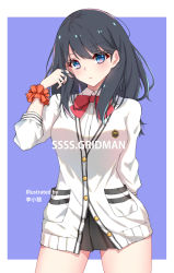 Rule 34 | 1girl, adjusting hair, arm behind back, artist name, black hair, black skirt, blue background, blue eyes, blush, border, bow, bowtie, breasts, buttons, cardigan, closed mouth, collared shirt, commentary request, copyright name, cowboy shot, dress shirt, gridman universe, hand in own hair, hand up, lixiao lang, long hair, long sleeves, looking at viewer, medium breasts, miniskirt, outside border, pale skin, pleated skirt, red bow, scrunchie, shirt, skirt, solo, ssss.gridman, standing, takarada rikka, thighs, uniform, white border, white shirt, wrist scrunchie