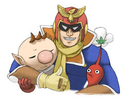 Rule 34 | 2boys, arm around neck, big nose, black eyes, blue jacket, brown hair, captain falcon, clenched teeth, closed eyes, colored skin, commentary request, f-zero, flower, gloves, grin, hand on another&#039;s arm, height difference, helmet, hug, jacket, male focus, multiple boys, muscular, muscular male, naru (wish field), nintendo, no headwear, no mouth, olimar, open mouth, pectorals, pikmin (creature), pikmin (series), pointy ears, pointy nose, red gloves, red headwear, red pikmin, red skin, scarf, short hair, smile, solid eyes, spacesuit, sunglasses, super smash bros., teeth, thumbs up, upper body, v-shaped eyebrows, very short hair, white background, white eyes, white flower, yellow gloves, yellow scarf