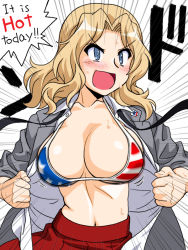 Rule 34 | 1girl, :d, american flag bikini, bikini, bikini under clothes, black necktie, blazer, blonde hair, blouse, blue eyes, breasts, cleavage, collared shirt, commentary, crazy eyes, emblem, emphasis lines, english text, female focus, flag print, girls und panzer, grey jacket, hair intakes, jacket, kay (girls und panzer), large breasts, long hair, long sleeves, looking to the side, motion blur, navel, necktie, oosaka kanagawa, open clothes, open jacket, open mouth, open shirt, opened by self, pleated skirt, red skirt, saunders (emblem), saunders school uniform, school uniform, shirt, simple background, skirt, sleeves rolled up, smile, solo, standing, sweat, swimsuit, v-shaped eyebrows, white shirt