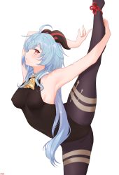 Rule 34 | 1girl, ahoge, armpits, arms up, ballet, bare arms, bare shoulders, bell, black leotard, blue hair, breasts, covered erect nipples, cowbell, detached collar, from side, ganyu (genshin impact), genshin impact, goat horns, highres, horns, leg up, leotard, long hair, looking at viewer, looking to the side, medium breasts, no bra, pantyhose, parted lips, red eyes, simple background, solo, split, thighband pantyhose, vayneeeee, white background