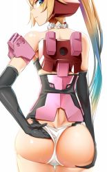Rule 34 | 1girl, adjusting clothes, adjusting panties, armor, ass, bare shoulders, black gloves, blonde hair, blue eyes, blue hair, blush, closed mouth, cowboy shot, detached collar, doko tetora, elbow gloves, frame arms girl, from behind, gloves, gradient hair, headgear, jinrai (frame arms girl), legs together, long hair, looking at viewer, looking back, looking down, mecha musume, multicolored hair, panties, ponytail, shiny skin, simple background, solo, standing, thigh gap, thighhighs, underwear, very long hair, wedgie, white background, white panties