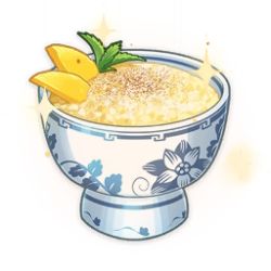 Rule 34 | artist request, bowl, commentary, dessert, english commentary, floral print, food, food focus, game cg, garnish, genshin impact, leaf, lowres, mango, mint, no humans, official art, rice, rice pudding, simple background, sparkle, still life, third-party source, transparent background
