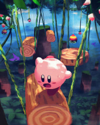 Rule 34 | balancing, creature, day, food, forest, fruit, highres, kirby, kirby (series), leaf, nature, nintendo, open mouth, outdoors, plant, sky, solo, standing, standing on one leg, strawberry, suyasuyabi, sweat, sweatdrop, tongue, tree, vines, wood