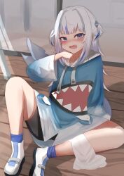 Rule 34 | 1girl, absurdres, animal hood, black shorts, blue eyes, blue hair, blue hood, blunt bangs, blush, breasts, fins, fish tail, gawr gura, gawr gura (1st costume), grey hair, hair ornament, highres, hololive, hololive english, hood, looking at viewer, open mouth, shark girl, shark hair ornament, shark hood, shark tail, sharp teeth, shoes, shorts, sidelocks, small breasts, sneakers, solo, sweat, tail, taruto (taruto0918), teeth, two side up, upper teeth only, virtual youtuber, white footwear, wooden floor