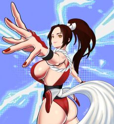 Rule 34 | 1girl, absurdres, artist request, ass, breasts, curvy, fatal fury, highres, huge ass, japanese clothes, large breasts, leotard, long hair, looking at viewer, looking back, ponytail, red leotard, shiny skin, shiranui mai, solo, thong leotard, twitter username, wide hips