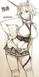 Rule 34 | 1girl, breasts, chain, character name, contrapposto, gloves, greyscale, headset, kantai collection, large breasts, marker (medium), medium hair, microskirt, midriff, monochrome, mutsu (kancolle), navel, skirt, solo, somechime (sometime1209), traditional media, twitter username