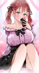 1girl absurdres alternate_costume black_bow black_bowtie black_ribbon black_skirt bow bowtie breasts brown_hair commentary emma_verde feet_out_of_frame freckles frilled_shirt frills grey_eyes hair_ribbon high-waist_skirt highres jirai_kei large_breasts love_live! love_live!_nijigasaki_high_school_idol_club medium_hair miniskirt off-shoulder_shirt off_shoulder pink_shirt ribbon shirt shouma_(1026syoma) sitting skirt solo twintails