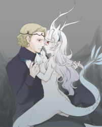 Rule 34 | 1boy, 1girl, blonde hair, circlet, claws, clothed male nude female, corrin (female) (fire emblem), corrin (fire emblem), couple, dragon girl, dragon horns, dragon tail, face-to-face, fire emblem, fire emblem fates, hairband, hetero, horns, imminent kiss, long hair, nintendo, nude, pants, pointy ears, red eyes, robaco, short hair, silver hair, straddling, tail, turtleneck, xander (fire emblem), yellow eyes