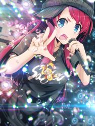 Rule 34 | 10s, 1girl, blue eyes, blush, clothes writing, collarbone, commentary request, highres, holding, holding microphone, jewelry, light particles, looking at viewer, microphone, minamoto sakura, necklace, projector, red hair, shirt, sideways hat, solo, swept bangs, t-shirt, tanashi (mk2), upper body, water drop, zombie land saga