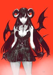 Rule 34 | 1girl, bare shoulders, between breasts, black dress, black hair, breasts, cleavage, closed mouth, collar, collarbone, demon girl, demon tail, demon wings, dress, fingernails, greyscale, greyscale with colored background, highres, horns, jun (navigavi), long fingernails, long hair, monochrome, original, red background, red eyes, sharp fingernails, signature, simple background, slit pupils, smile, solo, spot color, standing, steam, tail, very long fingernails, wings