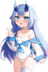 Rule 34 | 1girl, alternate color school swimsuit, azur lane, bare shoulders, blue eyes, blue hair, blue horns, blue sailor collar, blunt bangs, blush, breasts, covered navel, cowboy shot, hand up, highres, horns, i-13 (azur lane), jersum, long hair, looking at viewer, one-piece swimsuit, open mouth, sailor collar, sakura empire (emblem), school swimsuit, see-through, see-through sleeves, simple background, single thighhigh, small breasts, smile, solo, swimsuit, thighhighs, translucent horns, w, white background, white one-piece swimsuit, white thighhighs